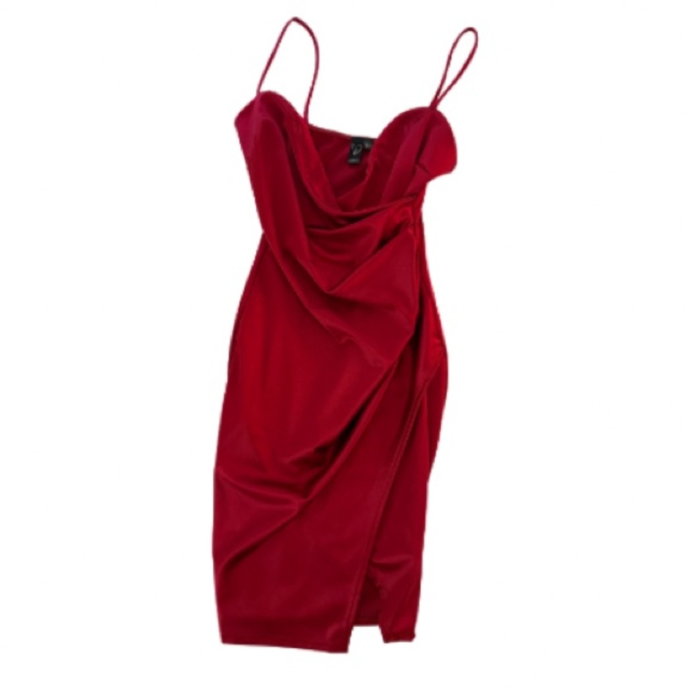 Windsor Red Satin Midi Dress Medium Cowl Neck Leg Slit